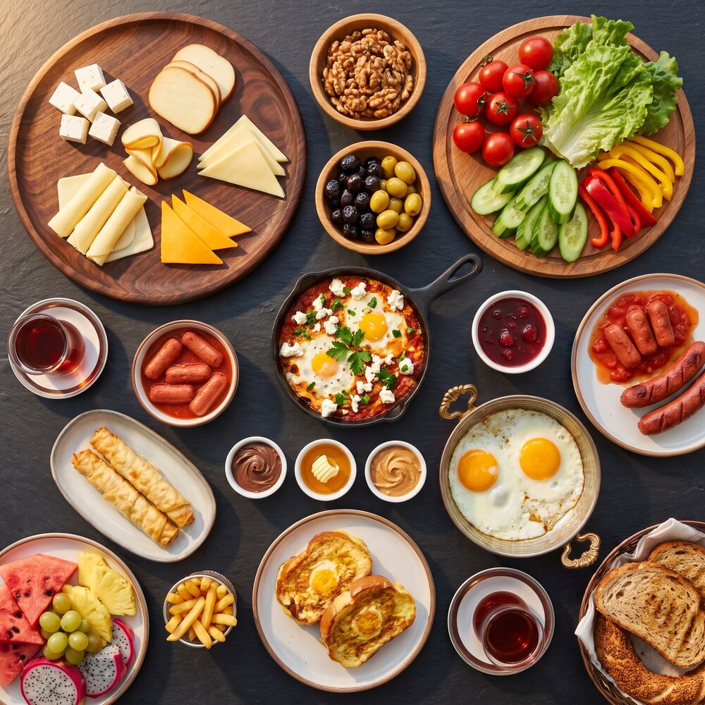 The full NIMA breakfast spread for two, seen from above