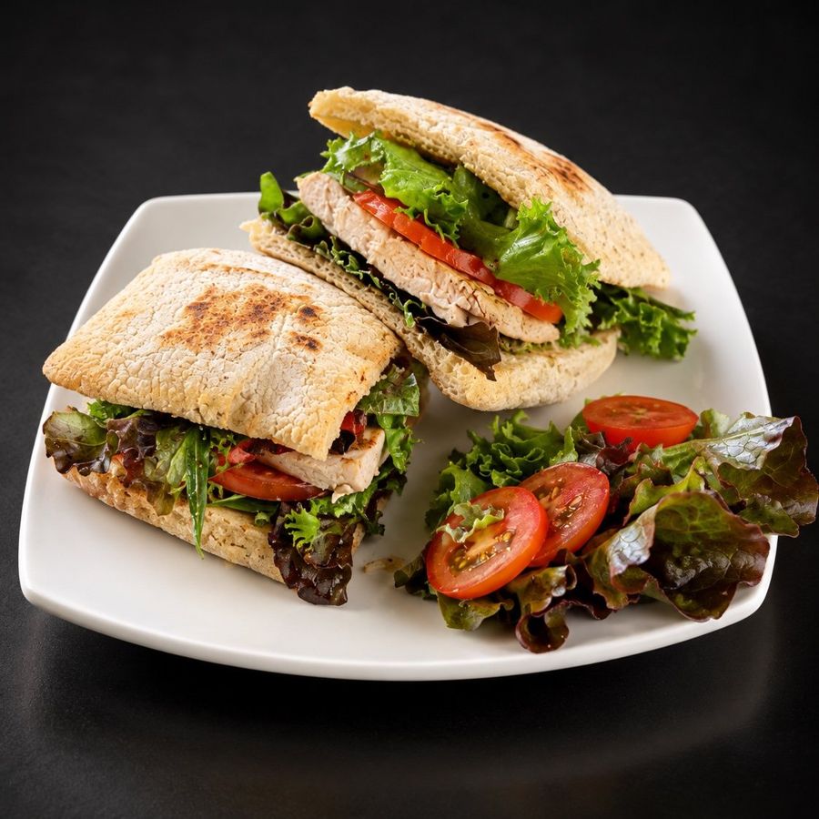 Chicken sandwich with pesto at Nima Cafe on ciabatta with grilled chicken, melted cheese and fresh vegetables, cut in half