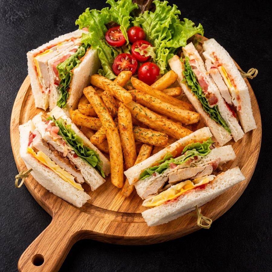 سندويش نيما كلوب في مقهى نيما: سندويش ثلاثي محمَّص مقطوع أرباعاً، بدجاج مشوي وبيكون لحم بقر وبيض وشيدر، مع بطاطس مقلية