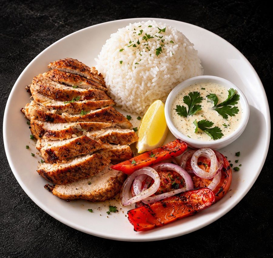 Grilled chicken plate at Nima Cafe with rice, salad and sauce