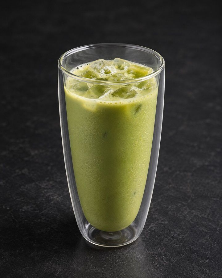 Iced matcha latte at Nima Cafe: bright green matcha poured over cold milk in a tall glass