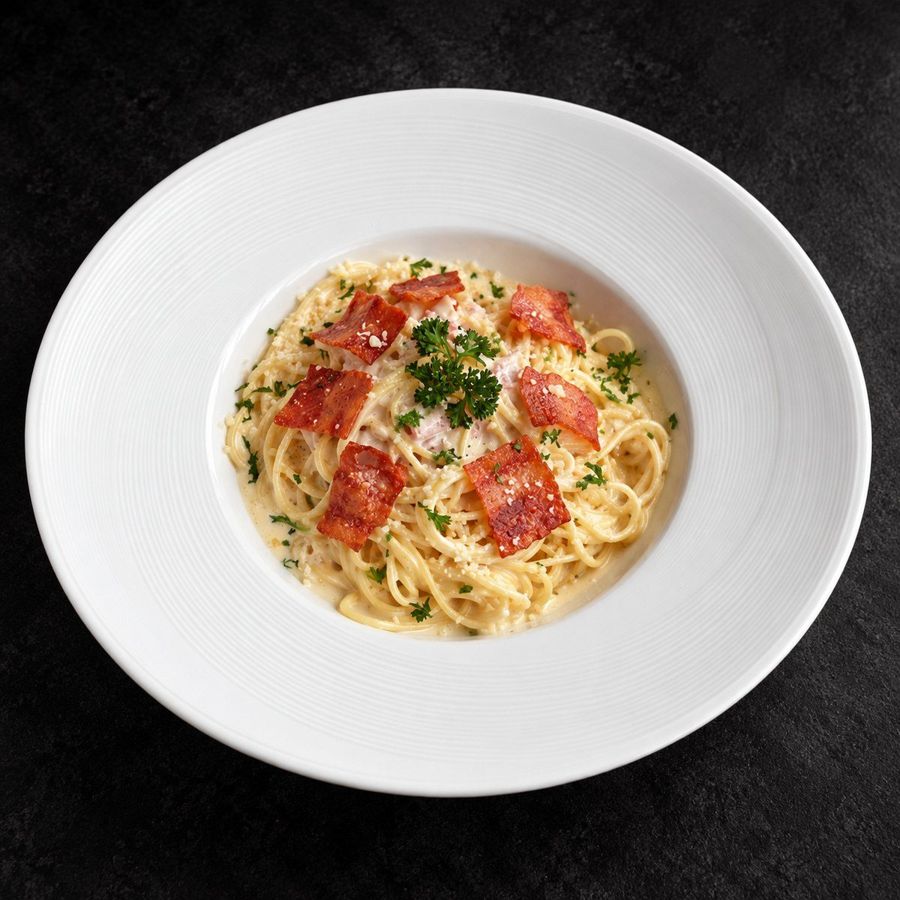 Spaghetti Carbonara with chicken bacon, egg yolk and parmesan at NIMA Cafe
