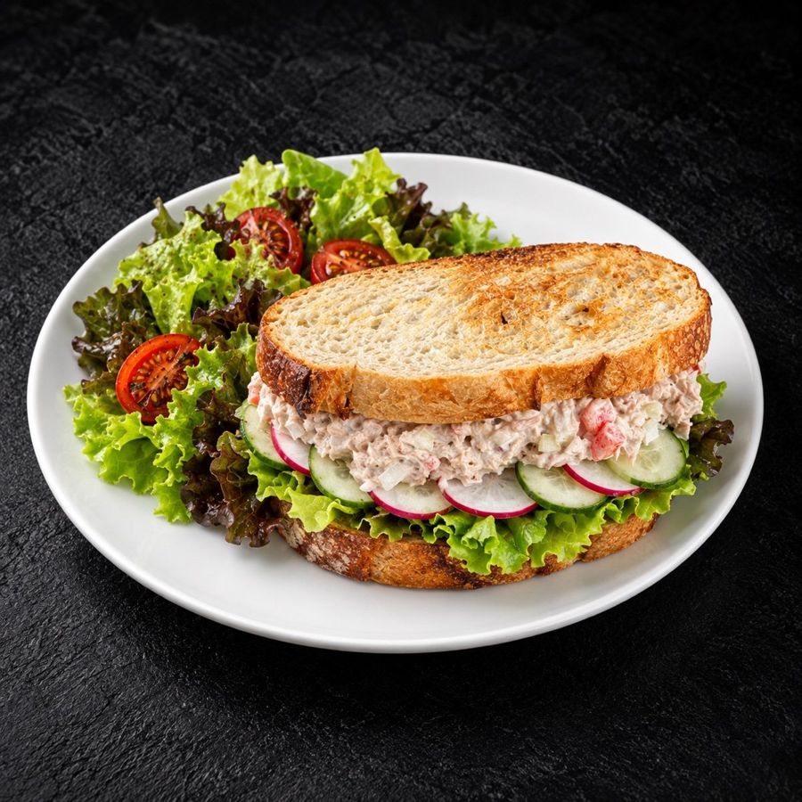 Tuna sandwich at NIMA Cafe on toasted bread with tuna, mayo, cucumber and greens